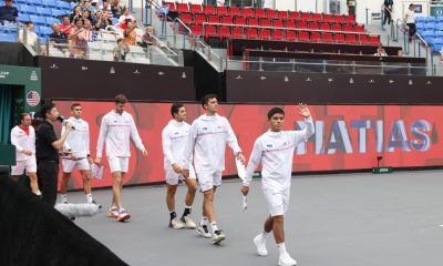 ZHUHAI, CHINA - SEPTEMBER 11: The Chile team walks onto the court prior to the 2024 Davis Cup Finals Group Stage match between the United States and Chile at Hengqin International Tennis Center on September 11, 2024 in Zhuhai, China. (Photo by Zhe Ji/Getty Images for ITF)