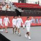 ZHUHAI, CHINA - SEPTEMBER 11: The Chile team walks onto the court prior to the 2024 Davis Cup Finals Group Stage match between the United States and Chile at Hengqin International Tennis Center on September 11, 2024 in Zhuhai, China. (Photo by Zhe Ji/Getty Images for ITF)