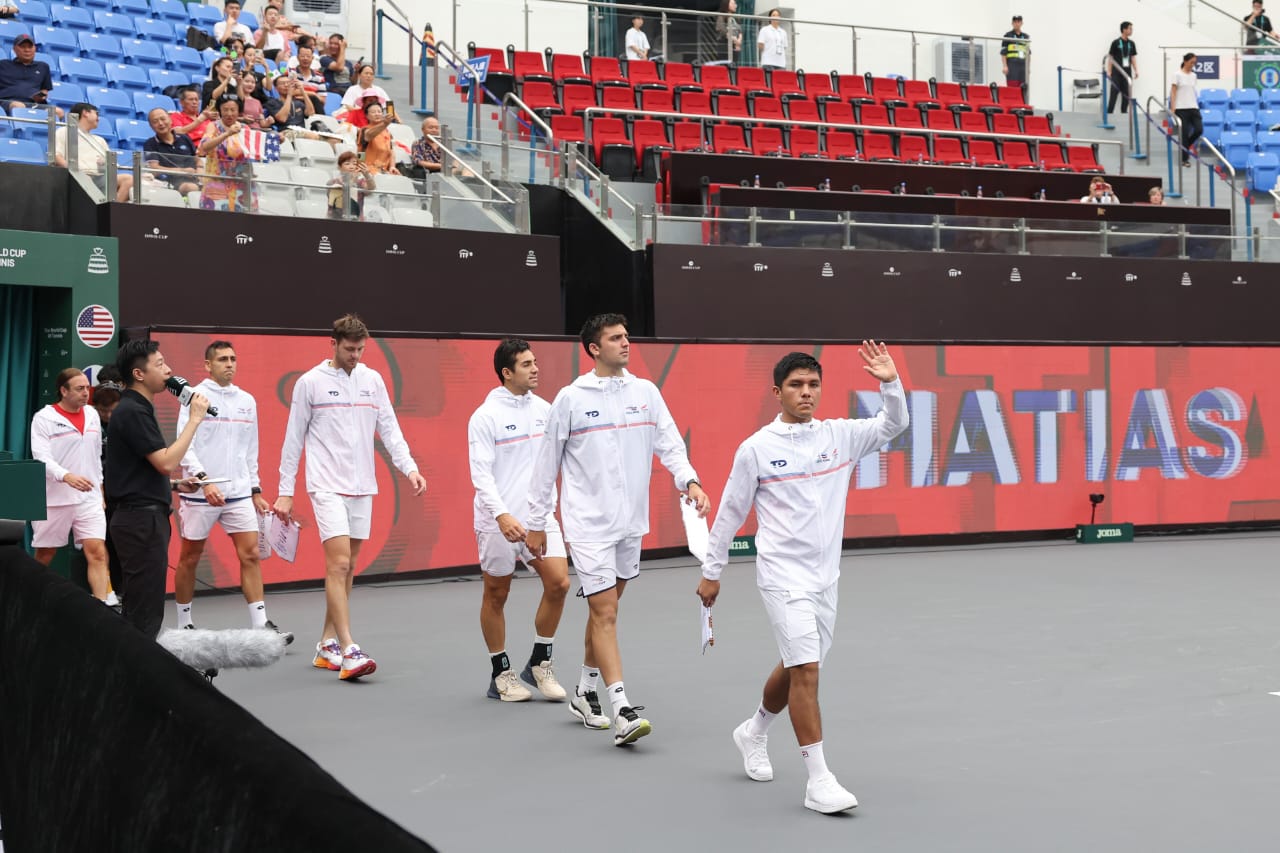 ZHUHAI, CHINA - SEPTEMBER 11: The Chile team walks onto the court prior to the 2024 Davis Cup Finals Group Stage match between the United States and Chile at Hengqin International Tennis Center on September 11, 2024 in Zhuhai, China. (Photo by Zhe Ji/Getty Images for ITF)